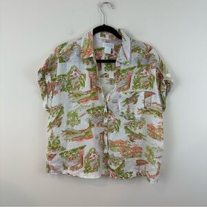 Cynthia Rowley Tropical Print Button Down Linen Shirt Large